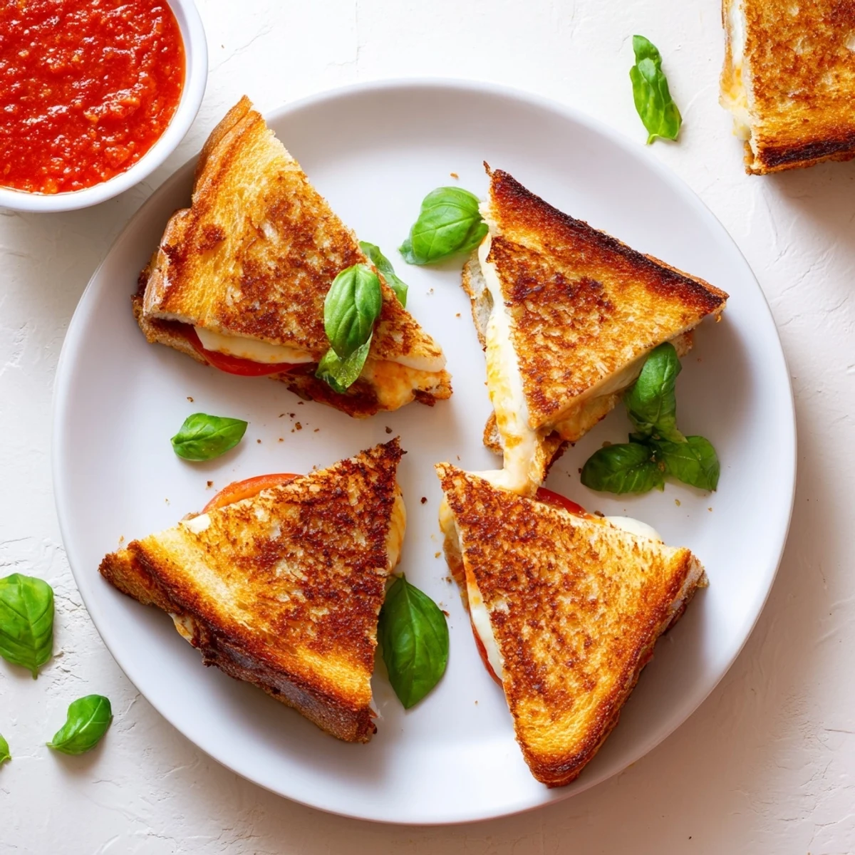 Freshly grilled Caprese Grilled Cheese Dippers with melted mozzarella and ripe tomatoes, ready for dipping into warm marinara sauce.