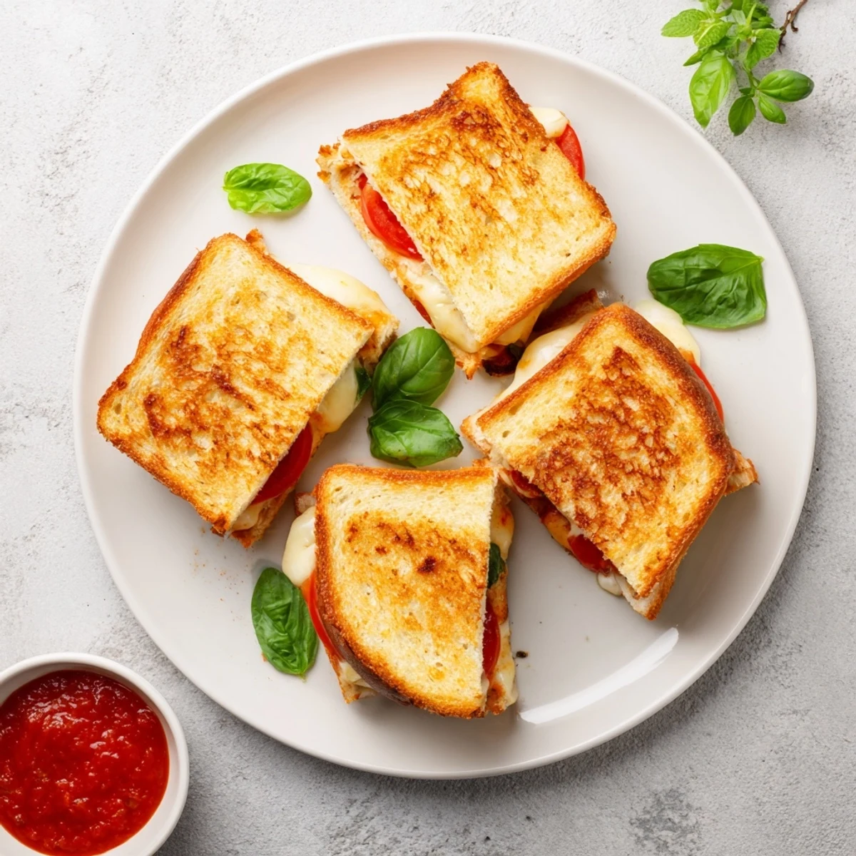 A close-up view of golden Caprese Grilled Cheese Dippers, showcasing layers of melted cheese, fresh basil, and tomato inside crispy sourdough.