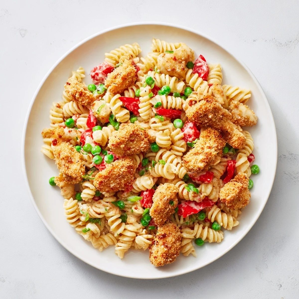 Golden-brown crispy chicken pieces glisten atop a colorful Crispy Chicken Ranch Pasta Salad, featuring bright peas and red bell pepper.