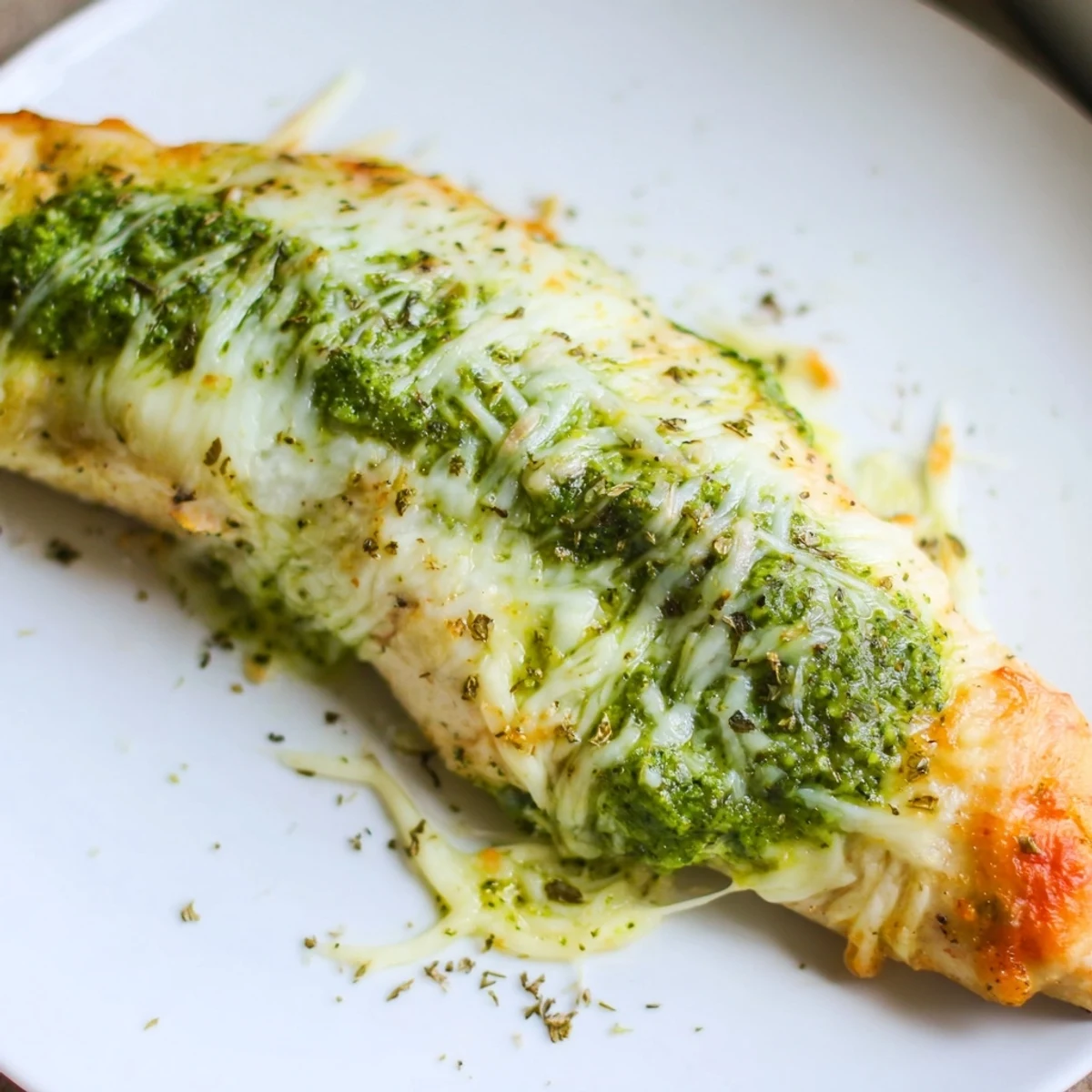 Juicy baked Mozzarella & Pesto Stuffed Chicken breasts with golden cheese bubbling out of a crisp crust.