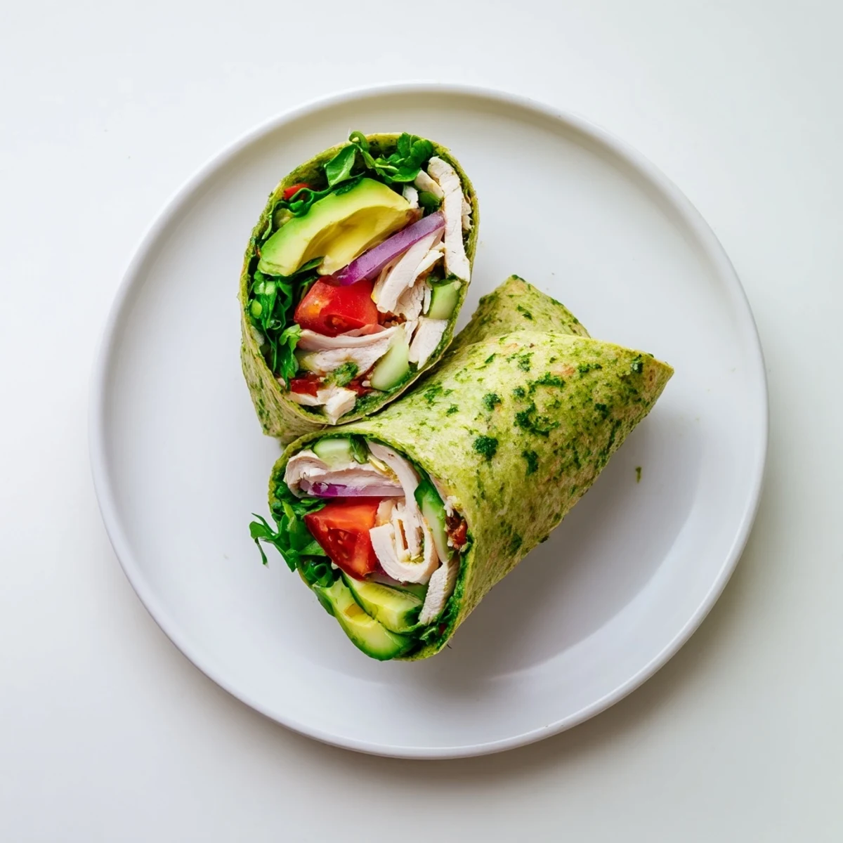 A close-up of a Chimichurri Chicken Salad Wrap sliced in half, revealing layers of juicy sliced chicken, crisp greens, and vibrant red tomato on a soft flour tortilla.