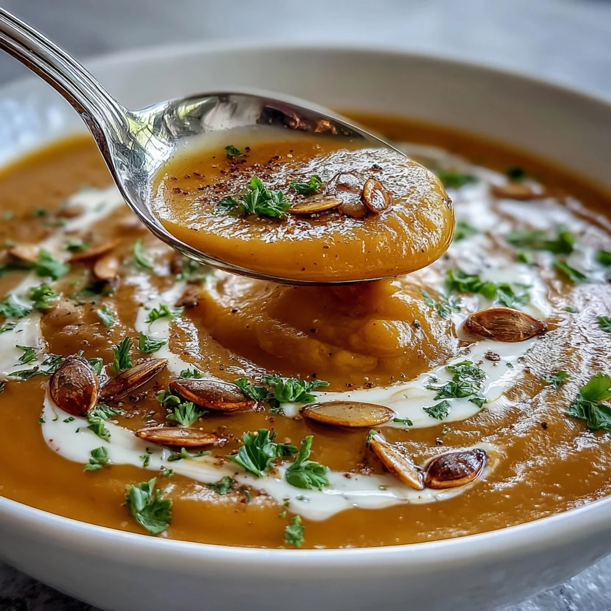A warm bowl of Butternut Squash and Apple Soup garnished with toasted pumpkin seeds and fresh parsley.