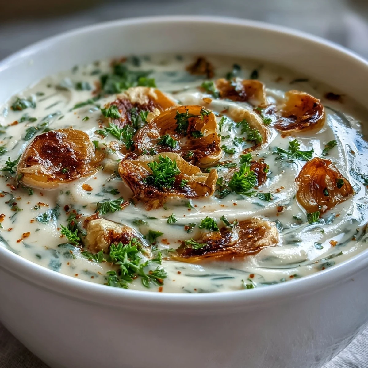 Velvety roasted garlic soup in a rustic bowl, garnished with fresh parsley and croutons.
