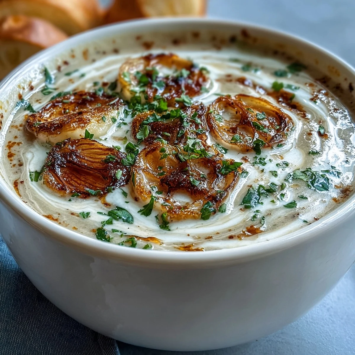 A spoon dipping into creamy roasted garlic soup beside crusty bread on a wooden table.
