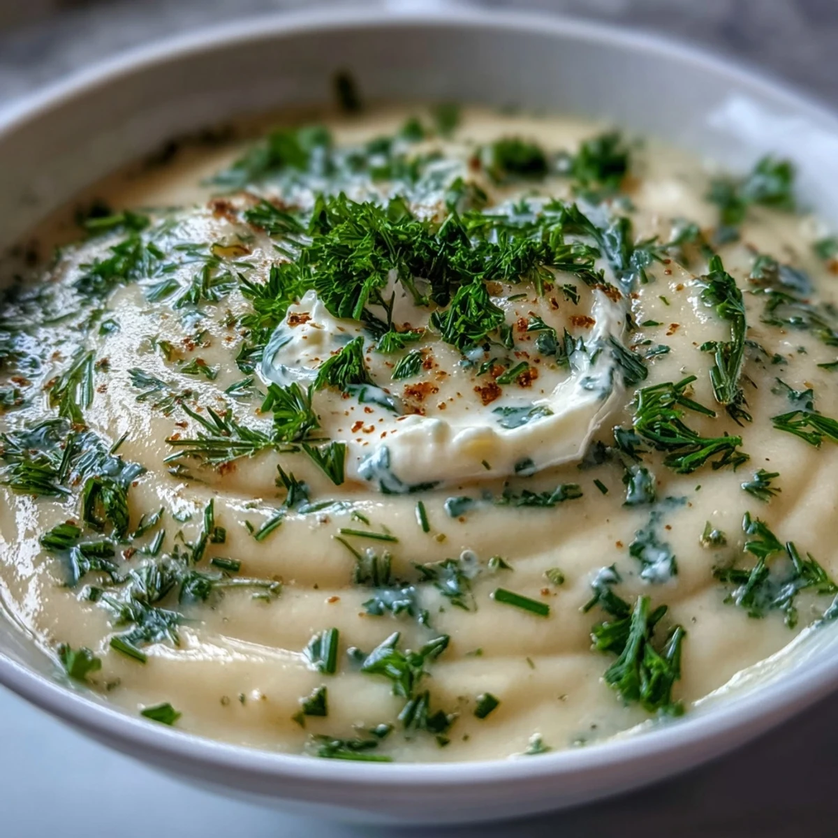 Velvety roasted parsnip and herb soup garnished with fresh parsley and chives, served warm in a rustic ceramic bowl.  