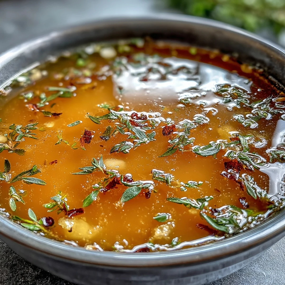 Clear, golden Vegetable Broth From Scraps in a glass bowl, garnished with fresh thyme and a few whole peppercorns for a savory aroma.  