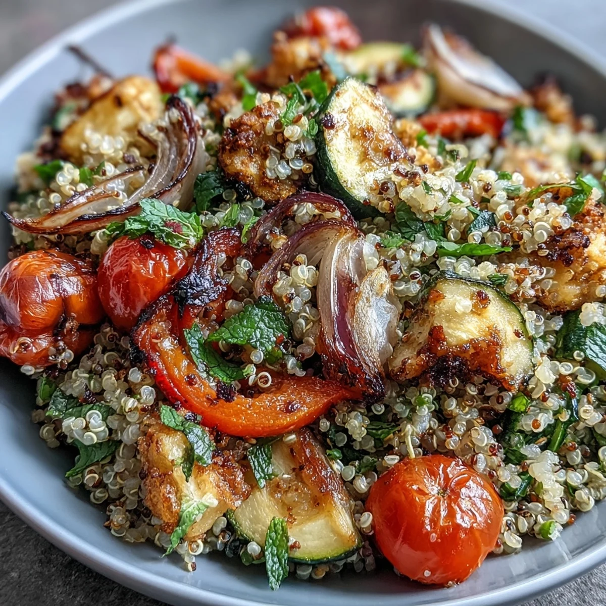 Fluffy quinoa vegetable pilaf served warm in a white bowl, topped with fresh parsley and bright lemon wedges.