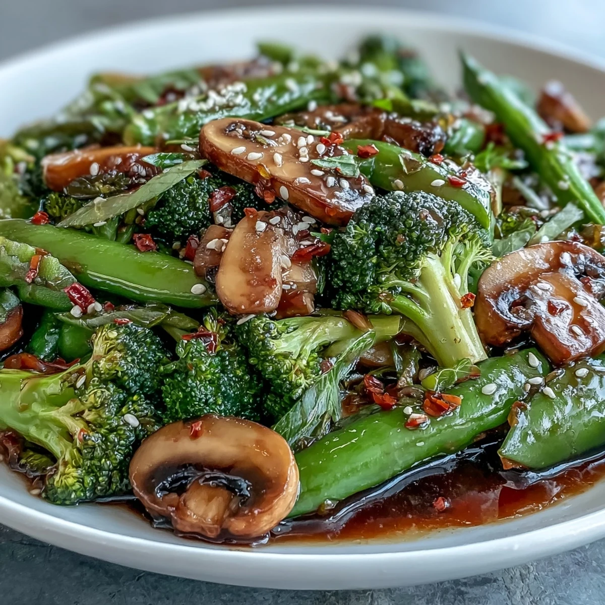 A close-up of vibrant Ginger Stir-Fried Vegetables glistening with a savory sauce, featuring crisp broccoli, carrots, and snap peas in a hot wok.