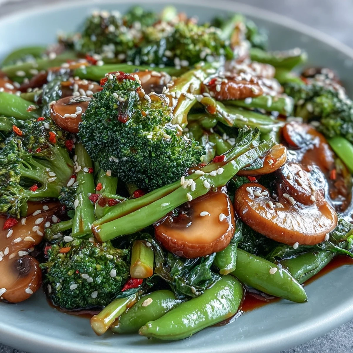 Colorful Ginger Stir-Fried Vegetables sizzling in a skillet, with a medley of mushrooms, bell peppers, and onions coated in a ginger-soy glaze.
