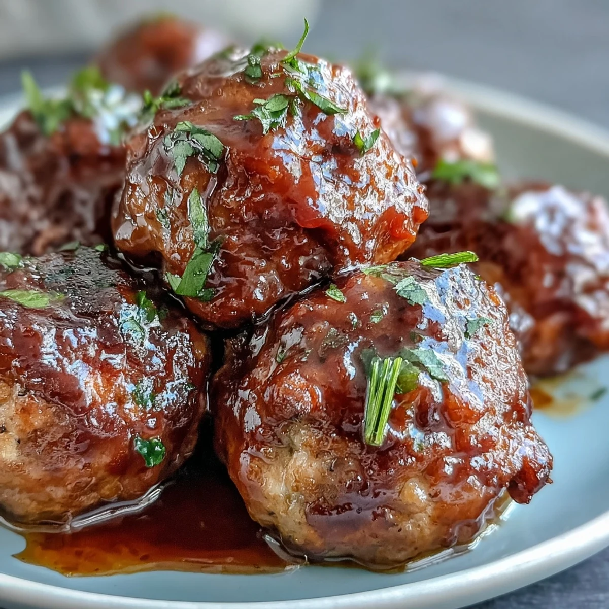 Steamed meatballs in slow cooker peach glaze, glistening with sweet and tangy sauce, served over fluffy rice for a comforting meal.  
