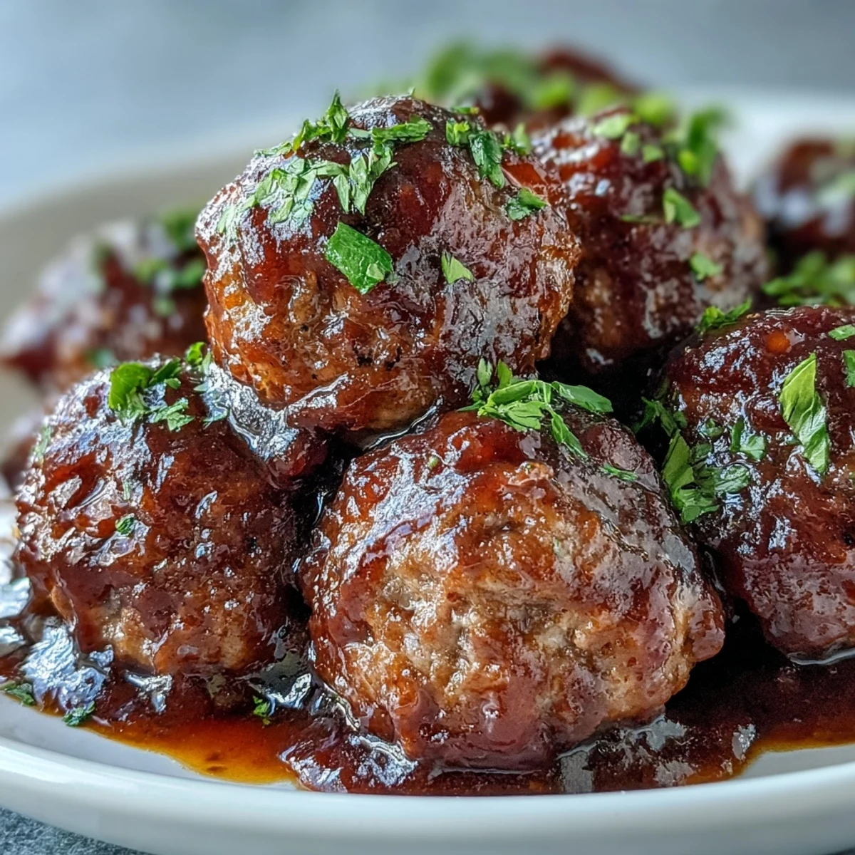 Golden Slow Cooker Peach Glazed Meatballs simmering in rich sauce, garnished with fresh herbs and ready for party appetizer toothpicks.  