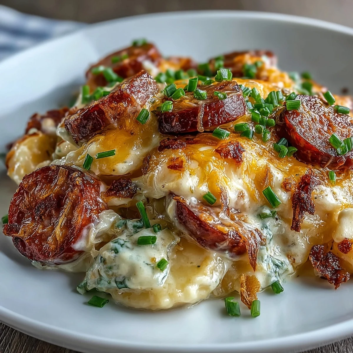 Savory Crockpot Pierogi Casserole With Kielbasa layered with pierogi and onions, garnished with fresh chives on a rustic table.