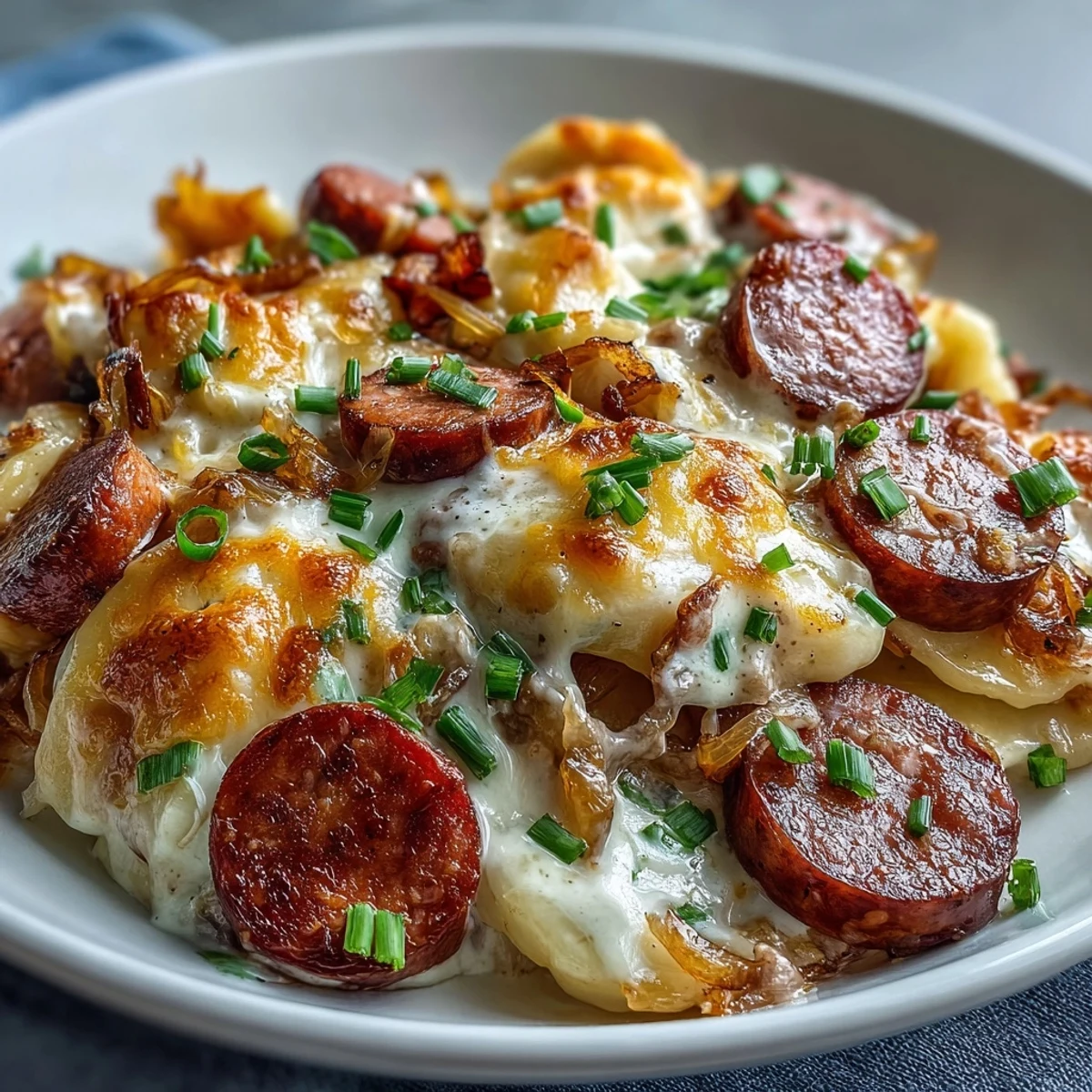 Family-style Crockpot Pierogi Casserole With Kielbasa served steaming hot, paired with a crisp green salad for a complete meal.