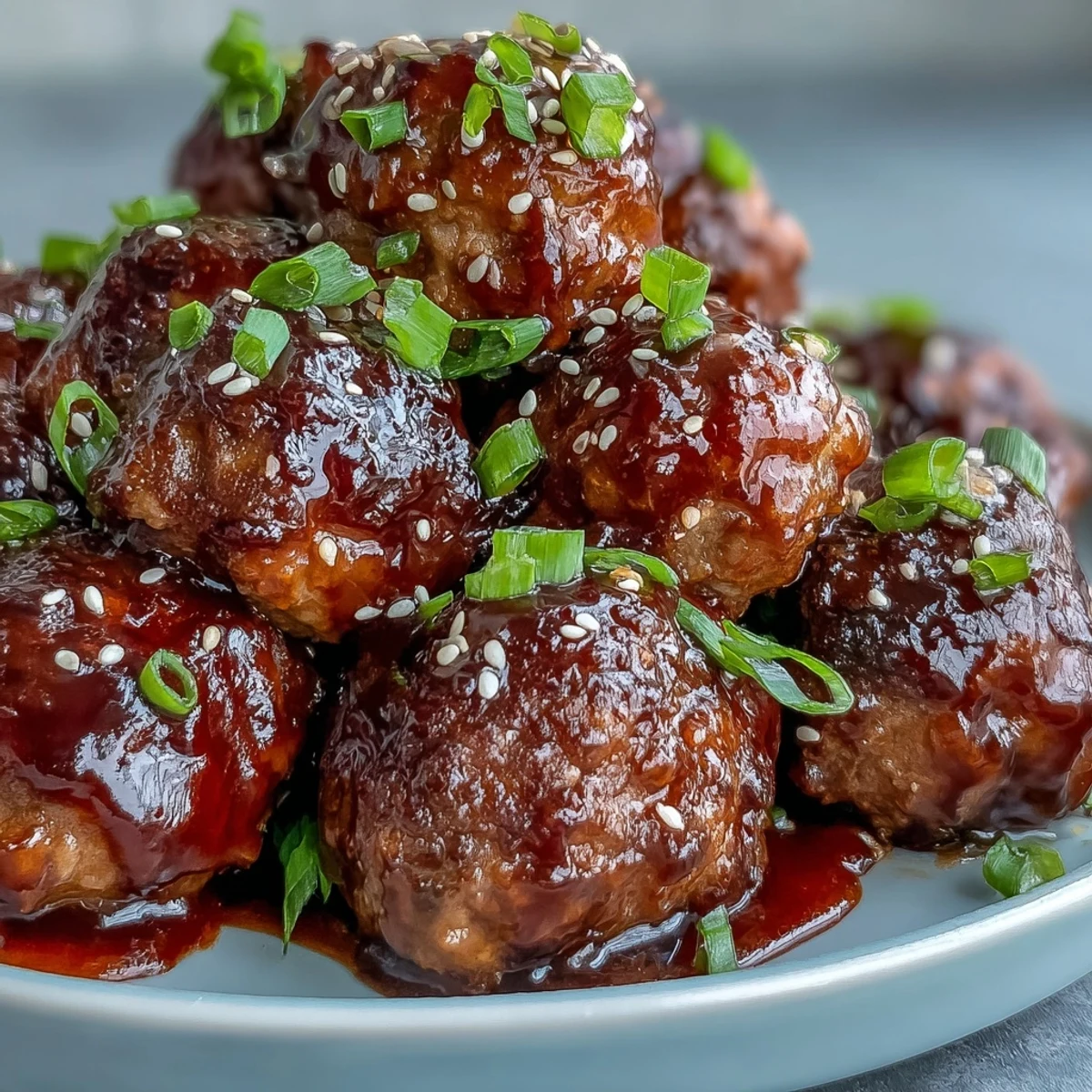 Glossy sweet and sour meatballs coated in peach preserves sauce bubbling in a slow cooker, garnished with green onions.