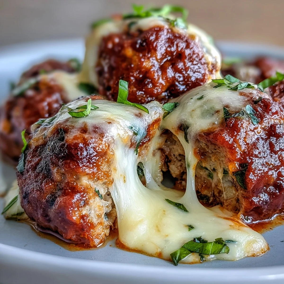 Savory cheesy garlicky meatballs with marinara, simmering in a rich red sauce and garnished with fresh basil on a rustic table.