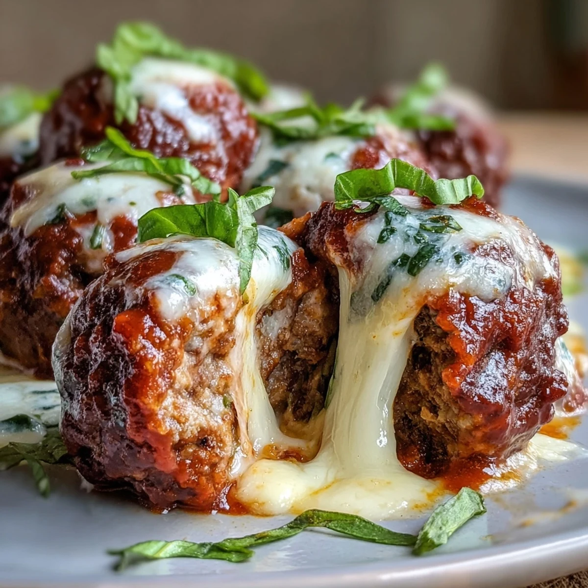 Juicy beef and pork cheesy garlicky meatballs topped with melted mozzarella, swimming in steaming marinara sauce beside gluten-free pasta.