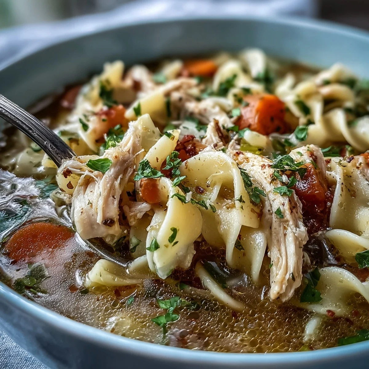 Close-up of Instant Pot Chicken Noodle Soup, highlighting sliced carrots, celery, and juicy chicken pieces in the pot.
