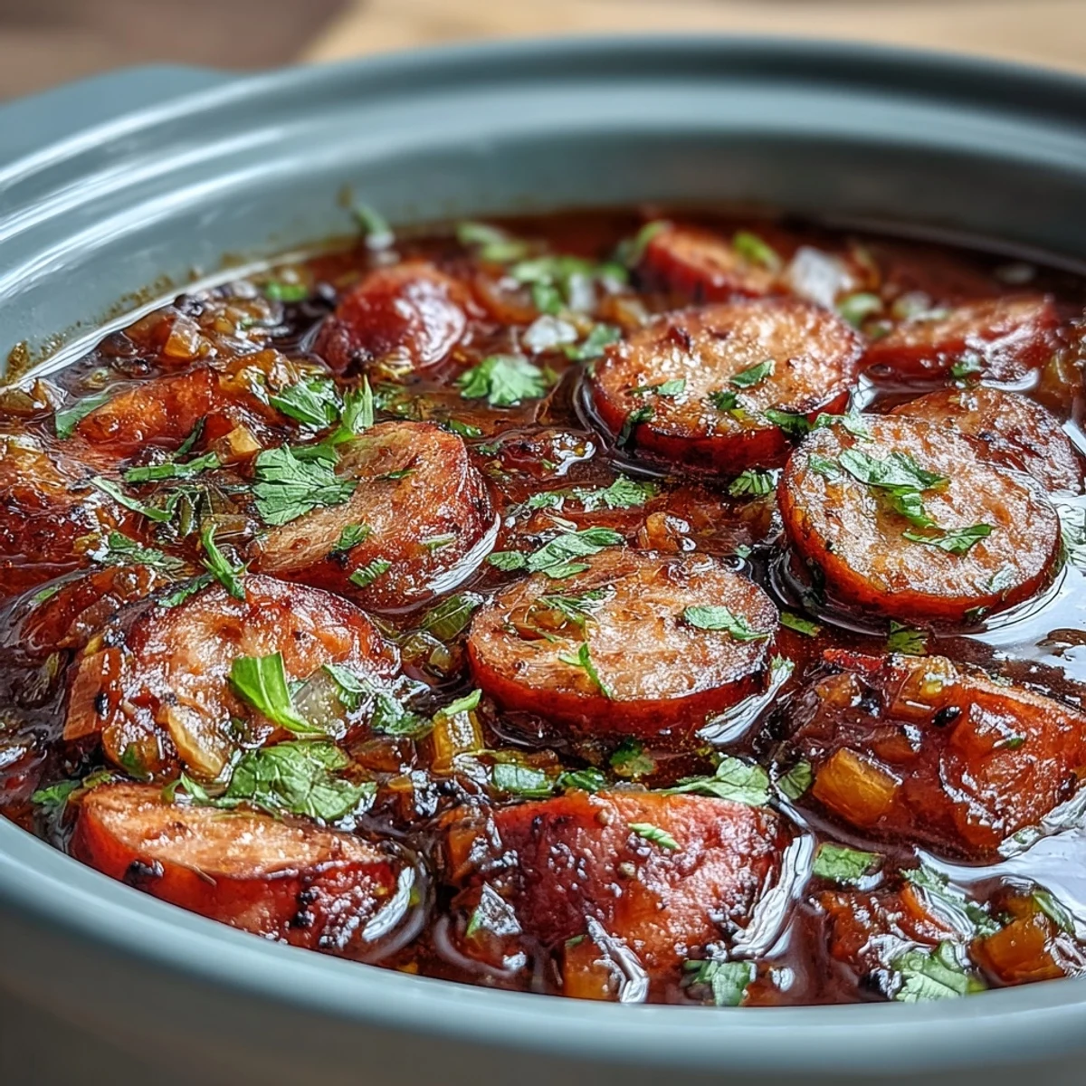 Hearty Crock Pot BBQ Cocktail Sausage Soup featuring tender vegetables and smoky BBQ flavors, perfect for a cozy family dinner.