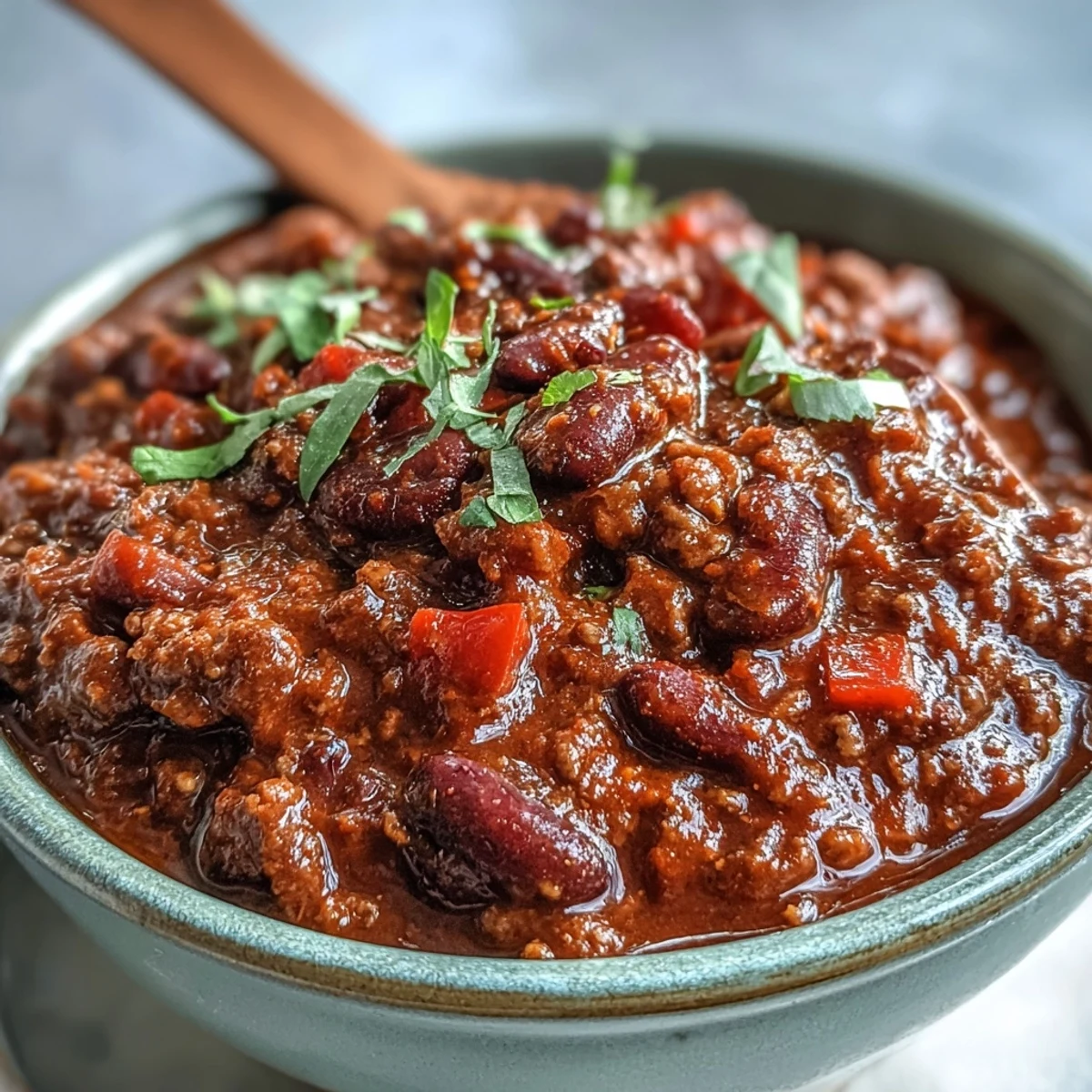 Hearty Slow Cooker Chili simmering in the crockpot, featuring tender vegetables and beans in a rich, tomato-based sauce.  