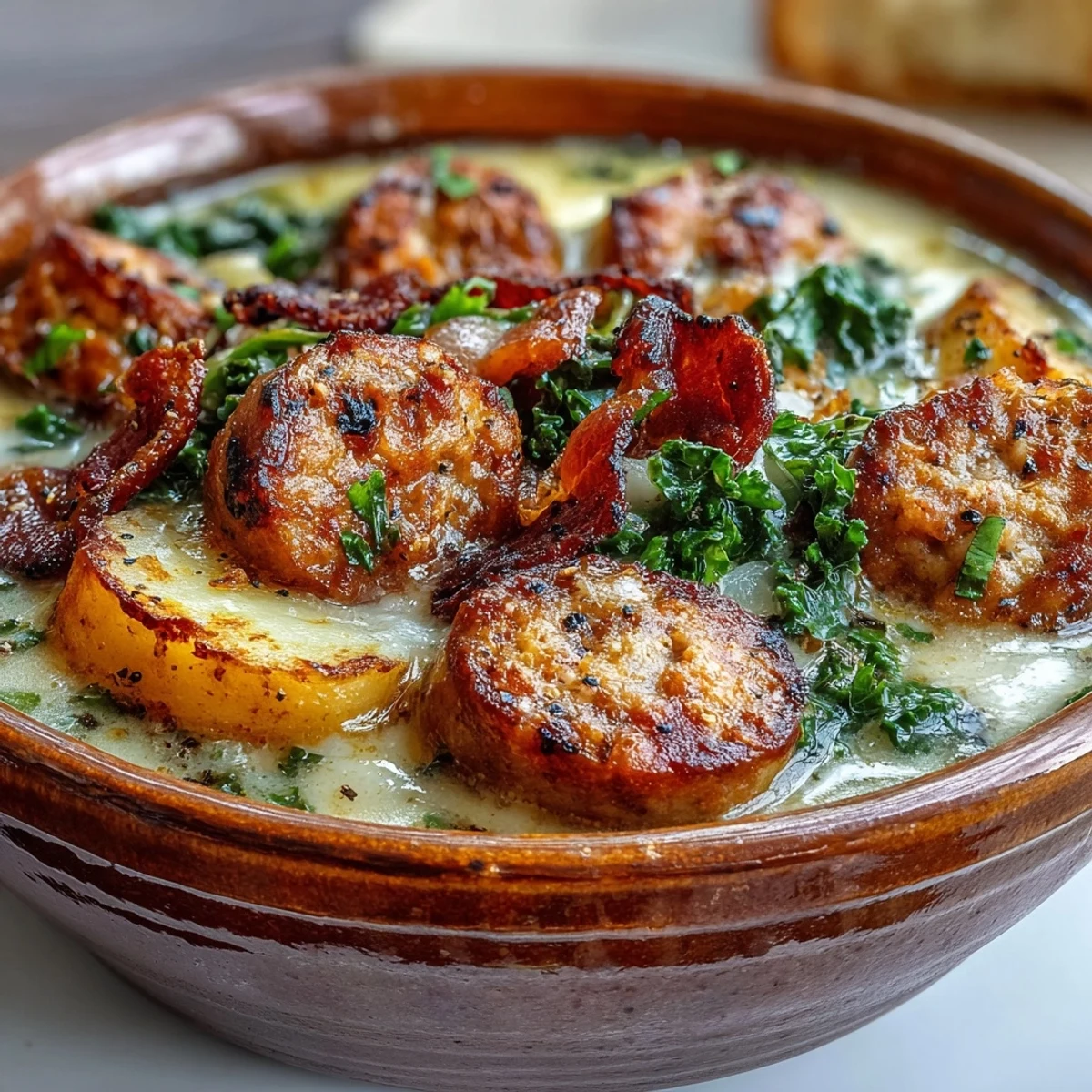 Steaming bowl of homemade Italian Sausage Soup topped with crumbled bacon and fresh kale, perfect for a cozy weeknight dinner served with crusty bread.