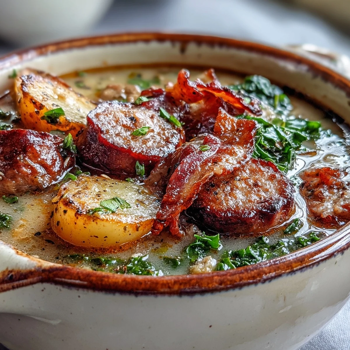 Savory Italian Sausage Soup featuring tender potato slices and fresh kale in a rich, creamy broth, garnished with crispy bacon for extra flavor.