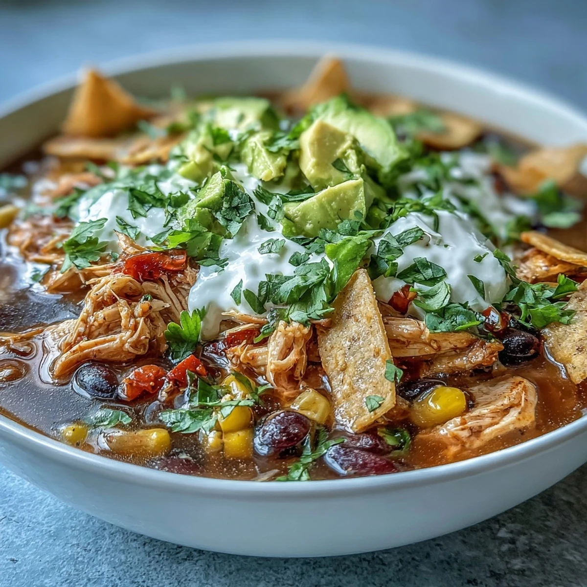 Instant Pot Chicken Tortilla Soup steaming in a bowl, topped with crispy tortilla strips and fresh avocado slices.
