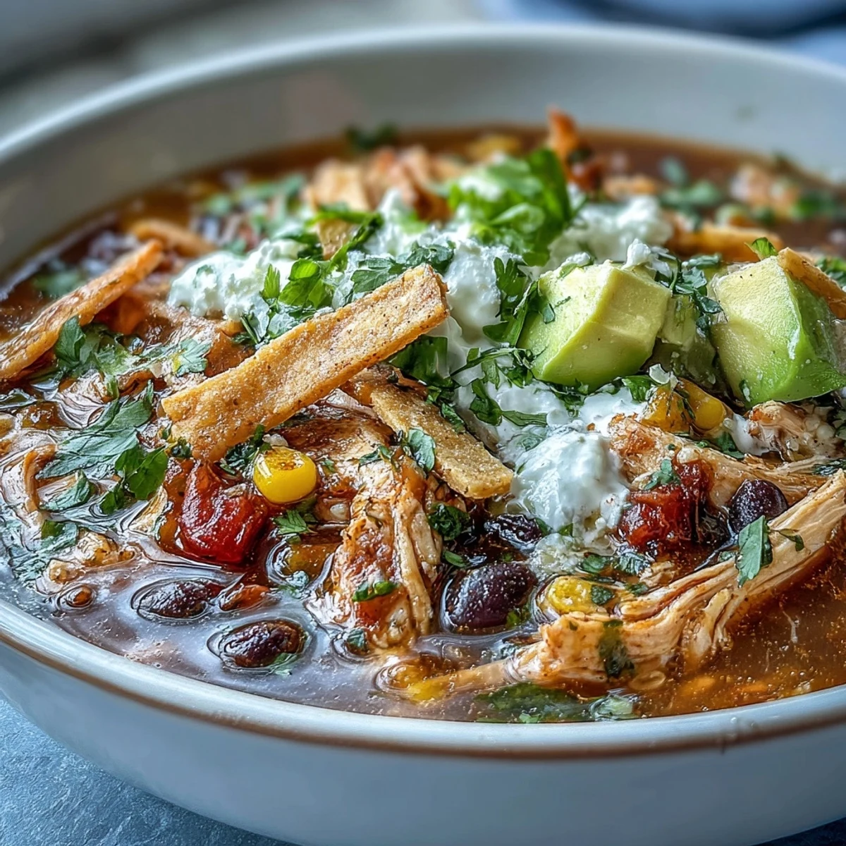 Ready-to-serve Instant Pot Chicken Tortilla Soup in a rustic bowl, with melted cheese and sour cream swirls.