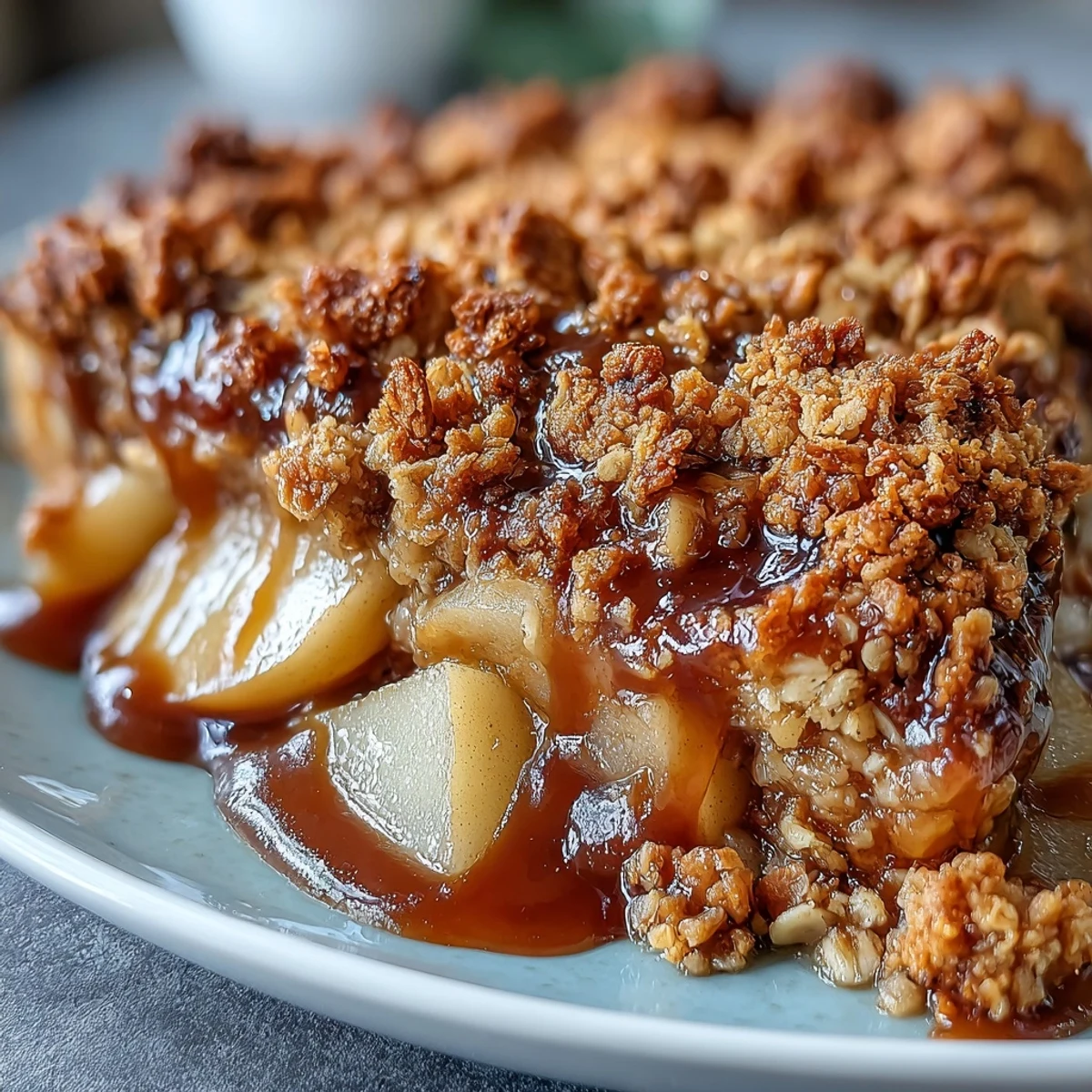 Homemade Pear Crumble recipe, warm baked dessert with bubbly pears and a golden oat topping, served in a rustic dish.
