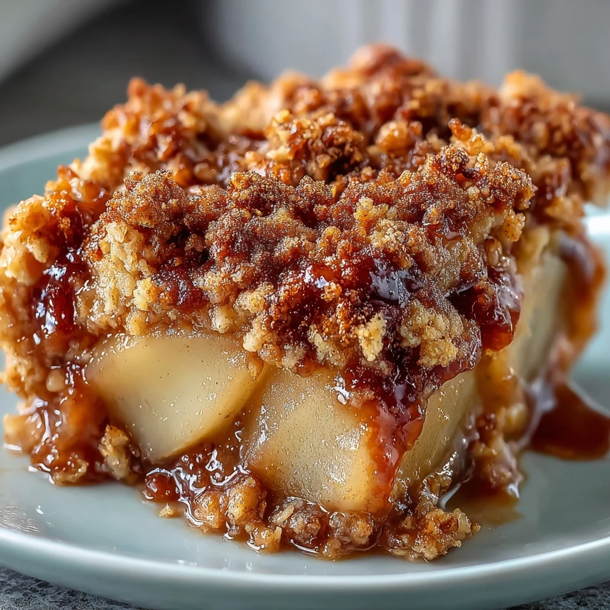 Freshly baked Pear Crumble cooling on a wire rack, showcasing the crunchy crumb topping and juicy pears, perfect for fall desserts.