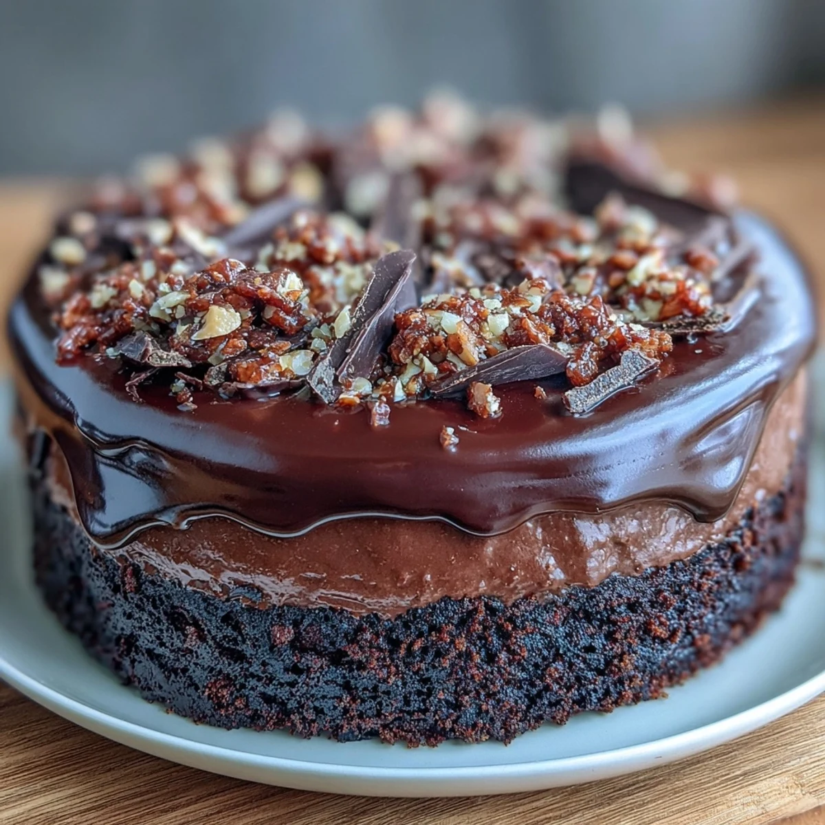 The finished Chocolate Celebration Cake displays a rich, dark chocolate ganache finish, generously topped with crunchy hazelnut praline shards for a striking dessert.