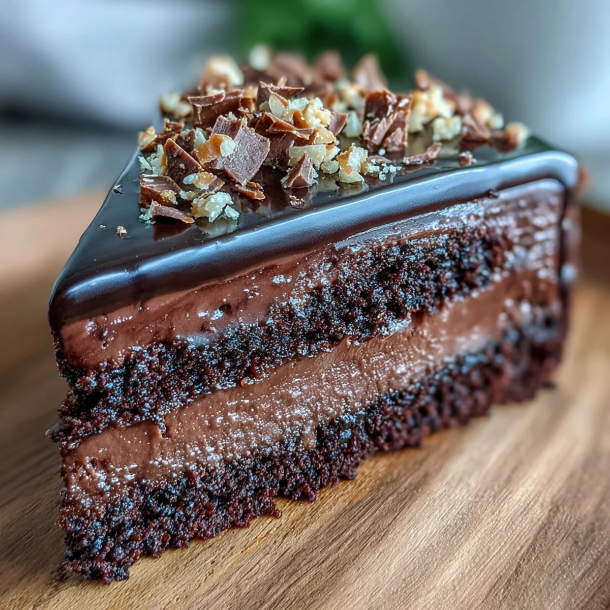 A decadent Chocolate Celebration Cake adorned with crunchy hazelnut praline topping, highlighting its moist olive oil layers and glossy ganache coating.