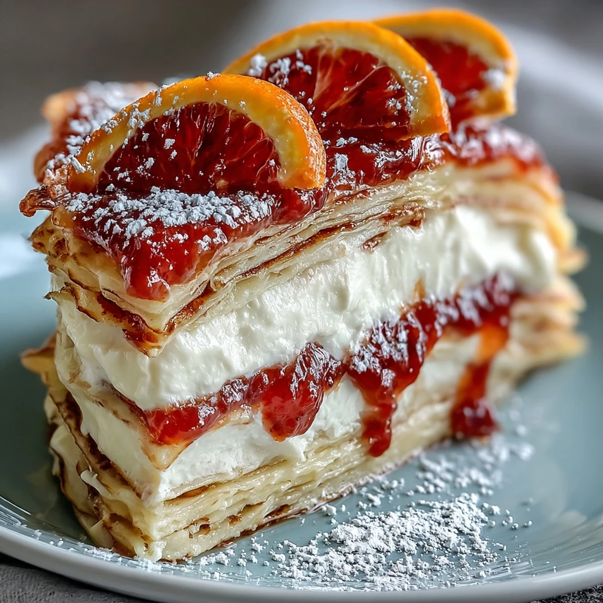 Chilled Blood Orange Curd Crêpe Cake slice reveals silky curd and fluffy cream layers.