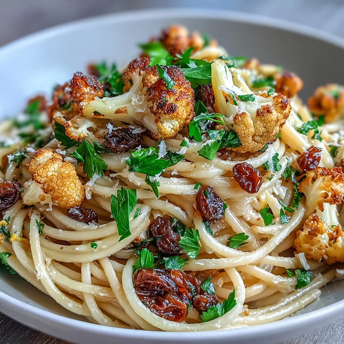 Golden roasted cauliflower florets and dark anchovy fillets mingling with whole wheat spaghetti and plump raisins.
