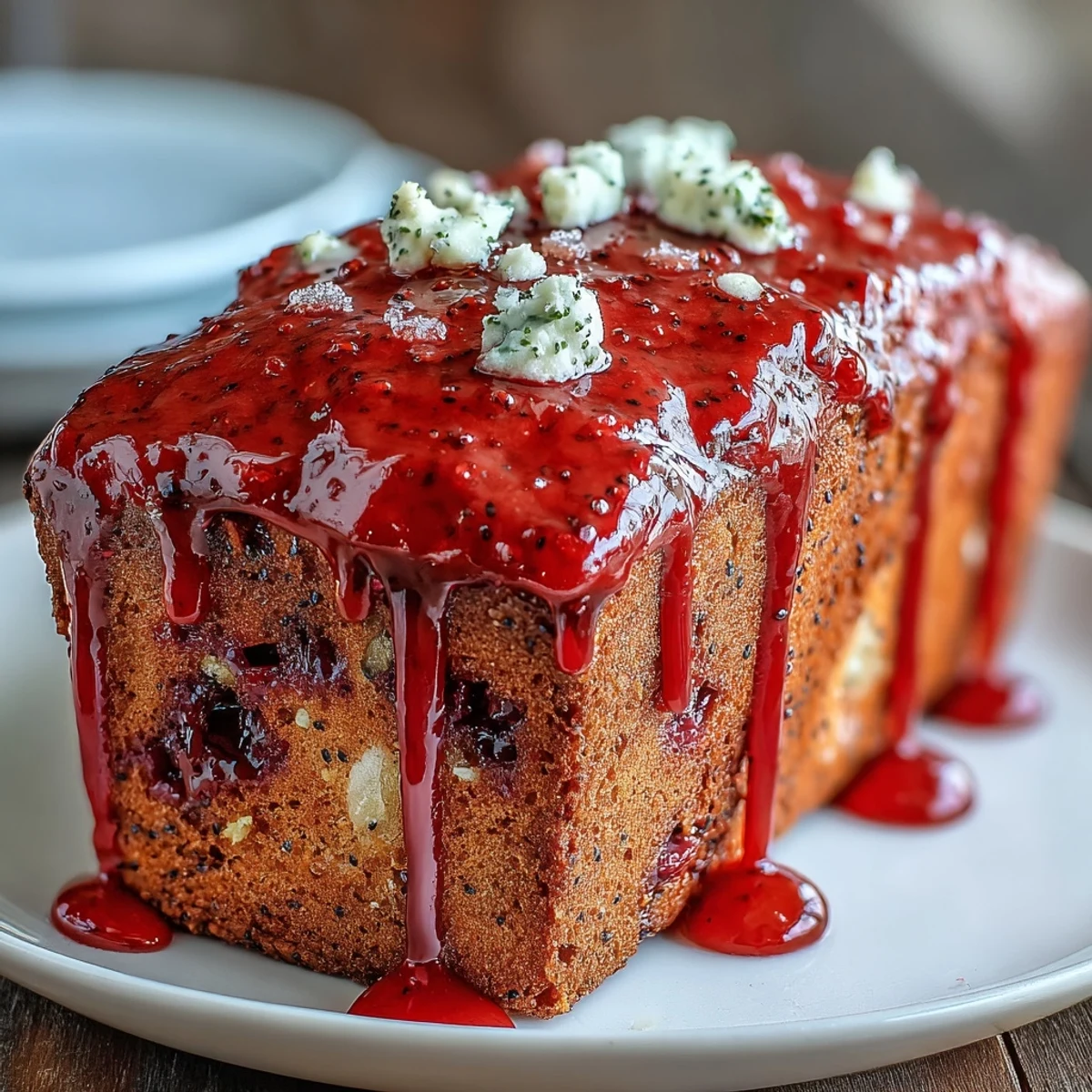 Glazed Blood Orange Loaf Cake with Poppy Seeds and Marzipan, glistening sweetly on a wooden board, ready to be sliced for a festive afternoon dessert.