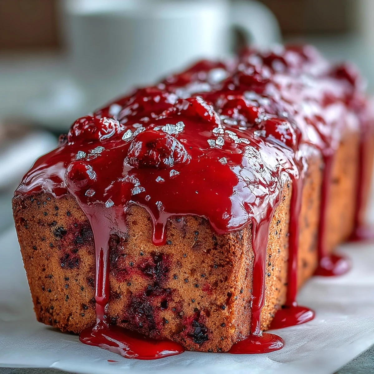 A freshly baked Blood Orange Loaf Cake with Poppy Seeds and Marzipan, sliced to show its moist interior, on a marble slab beside vibrant orange slices.