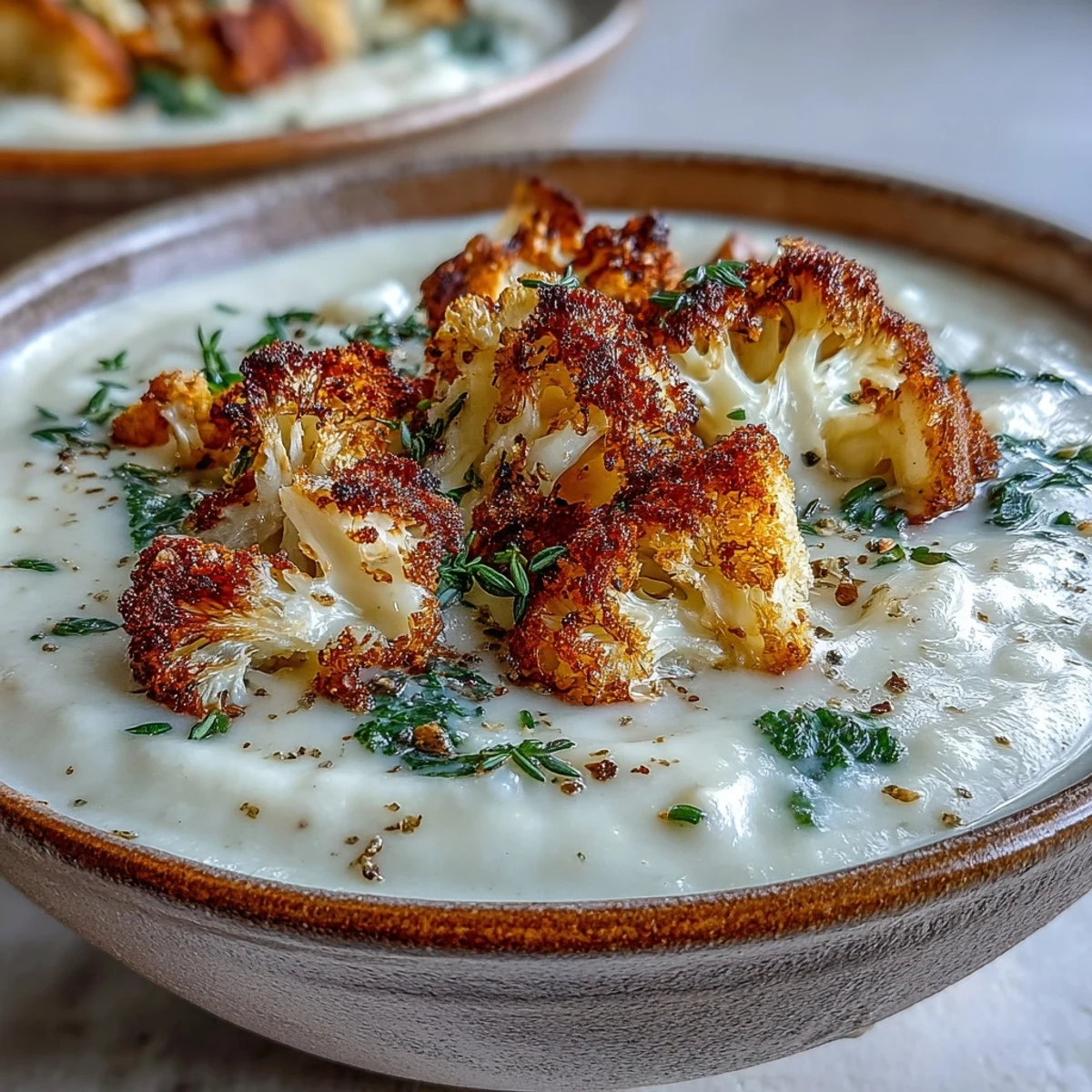 Creamy cauliflower and broccoli soup topped with golden, crisp croutons, served hot in a rustic bowl.