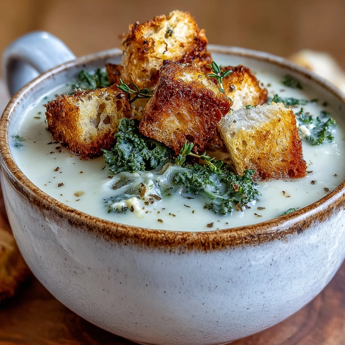 Bright green cauliflower and broccoli soup steaming gently, garnished with crunchy homemade croutons on top.