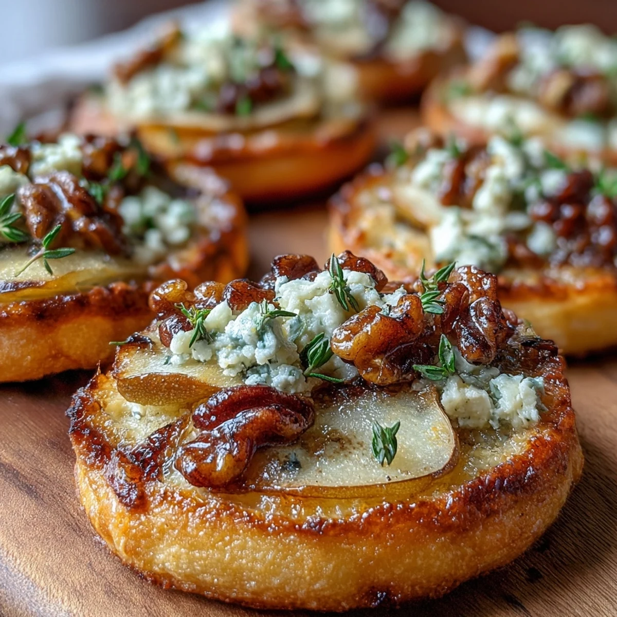 Freshly baked Pear, Gorgonzola, and Pickled Walnut Pizzettes topped with thyme and a honey drizzle on a rustic wooden board.