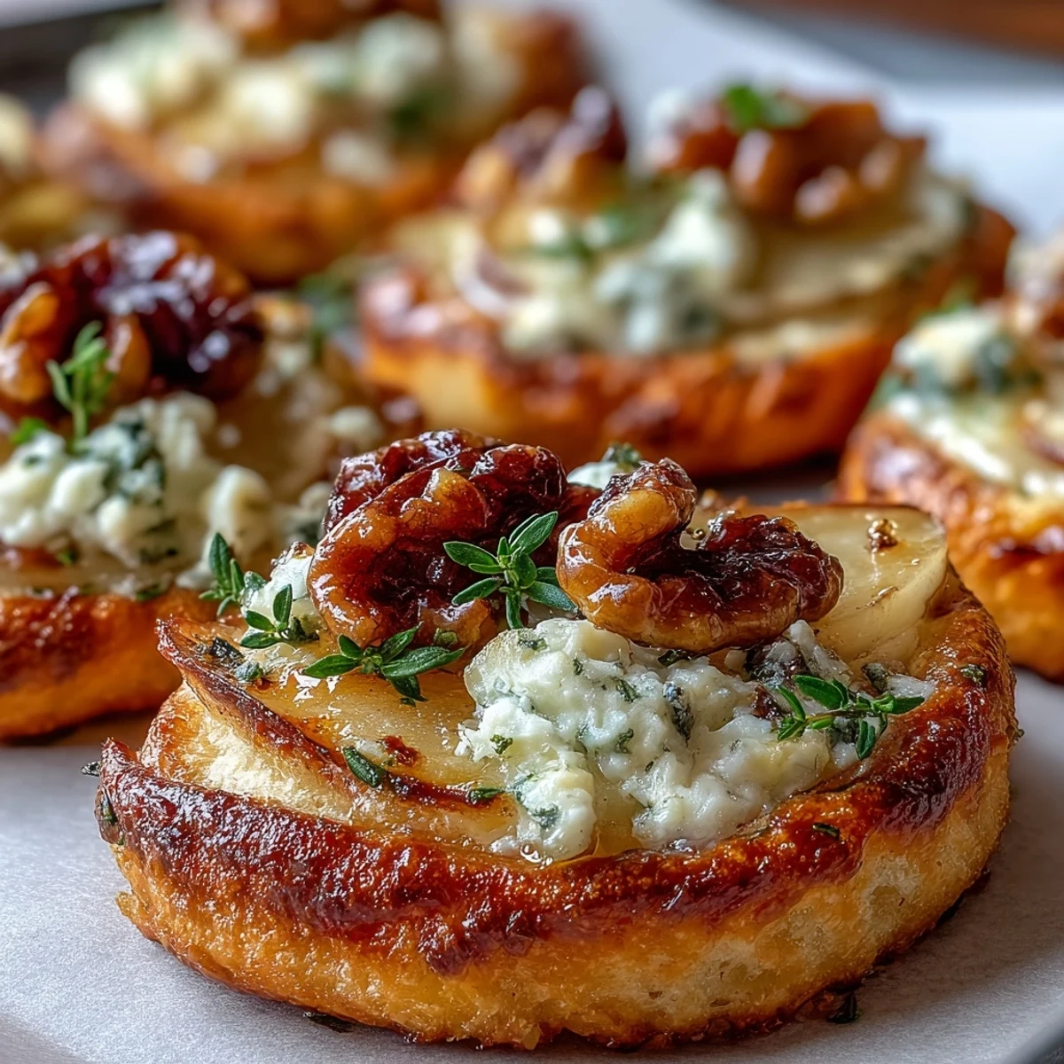 A hand topping golden mini pizza crusts with sliced pears, crumbled Gorgonzola, and tangy pickled walnuts.