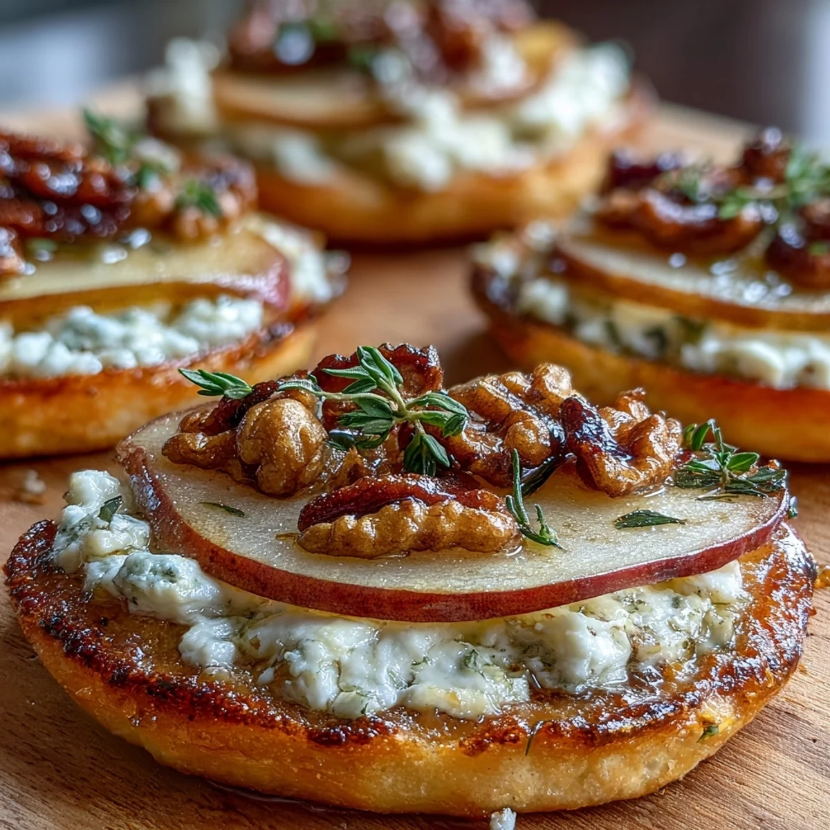 Close-up of bubbly cheese and crisp edges on a vibrant Pear, Gorgonzola, and Pickled Walnut Pizzette served with fresh arugula.