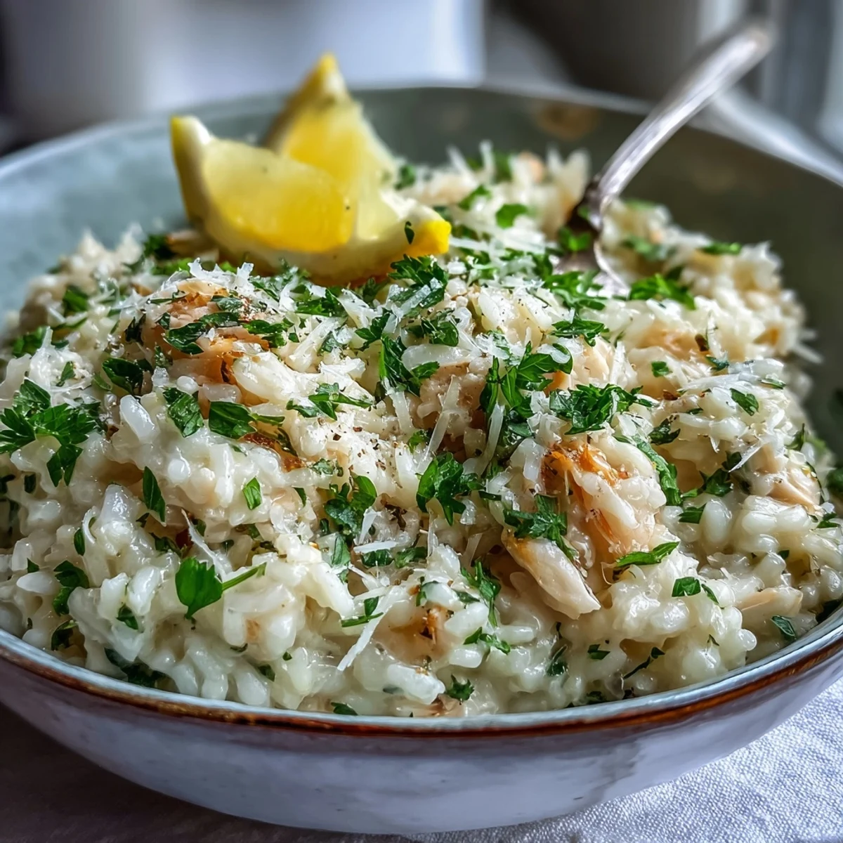 Flaked smoked haddock and tender Arborio rice swim in a savory, creamy Smoked Haddock Risotto on a plate.