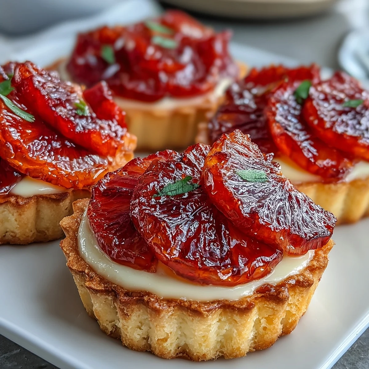 Freshly baked Blood Orange Tarts with crisp, golden crusts hold silky vanilla custard topped with vibrant, tangy orange slices.