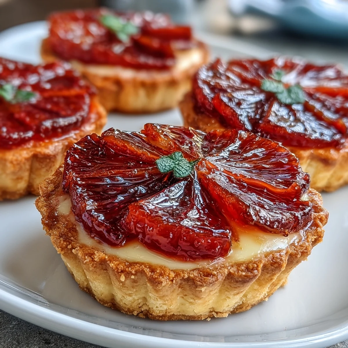 Golden Blood Orange Tarts are arranged on a rustic wooden board, showcasing glossy orange rounds and creamy custard filling.