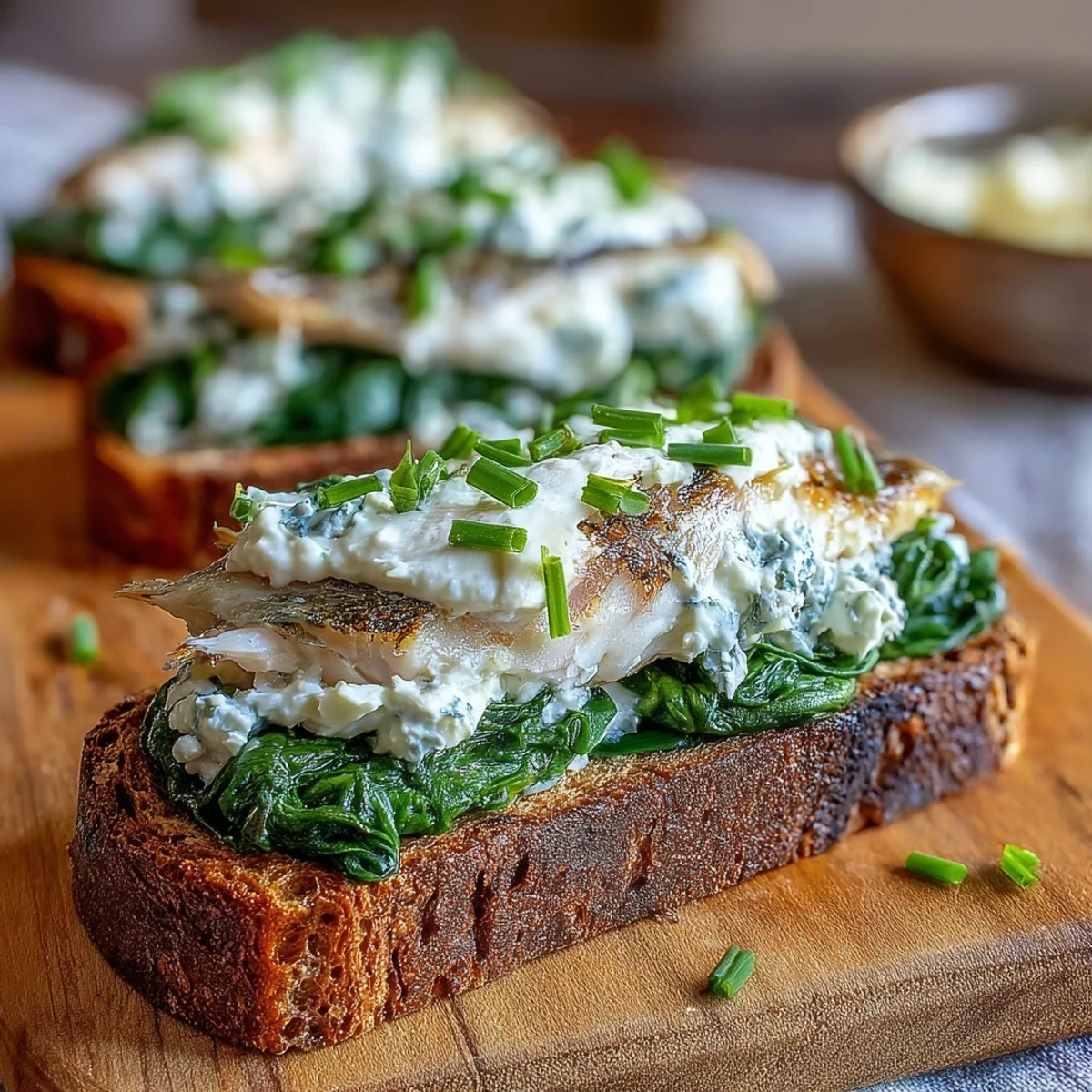 Flaky smoked haddock and wilted spinach piled high on golden rye toasts, finished with fresh chives for a savory protein-packed breakfast.