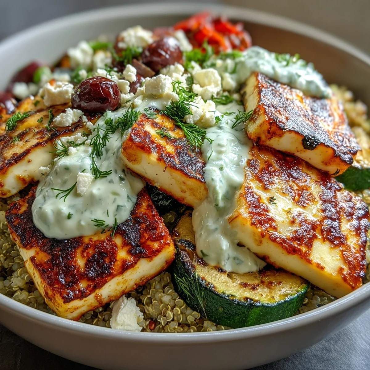 A scoop of creamy tzatziki sauce and crumbled feta cheese over a Healthy Grilled Mediterranean Bowl with juicy halloumi and roasted chickpeas.