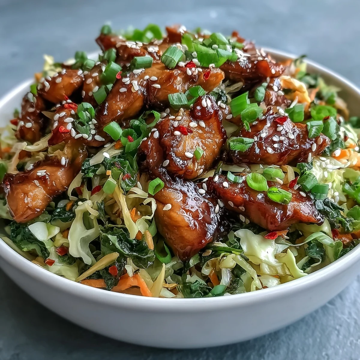 Sizzling chicken, ginger, and onions mingle with crisp cabbage and carrots in this quick Egg Roll Bowls with Chicken and Cabbage recipe, served hot from the skillet.