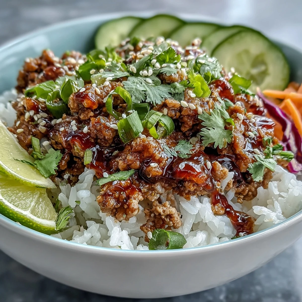 Bang Bang Ground Turkey Rice Bowls with tender turkey in tangy chili mayo over fluffy rice, crunchy veggies, scallions, sesame seeds, and fresh lime.