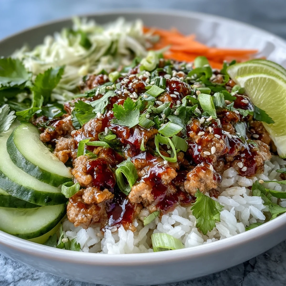 Bang Bang Ground Turkey Rice Bowls served warm with fluffy rice, vibrant julienned carrots, crisp cucumbers, red cabbage, scallions, and lime wedges for squeezing.