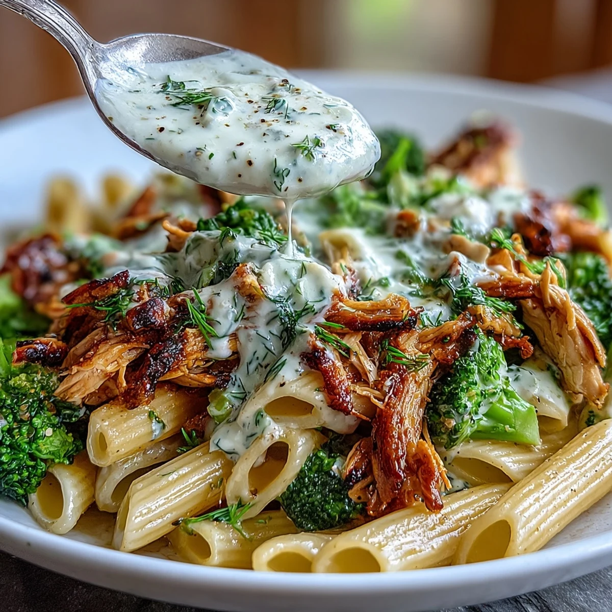 Bright broccoli florets and tender shredded rotisserie chicken coat whole-wheat penne in a creamy Greek yogurt Parmesan sauce.