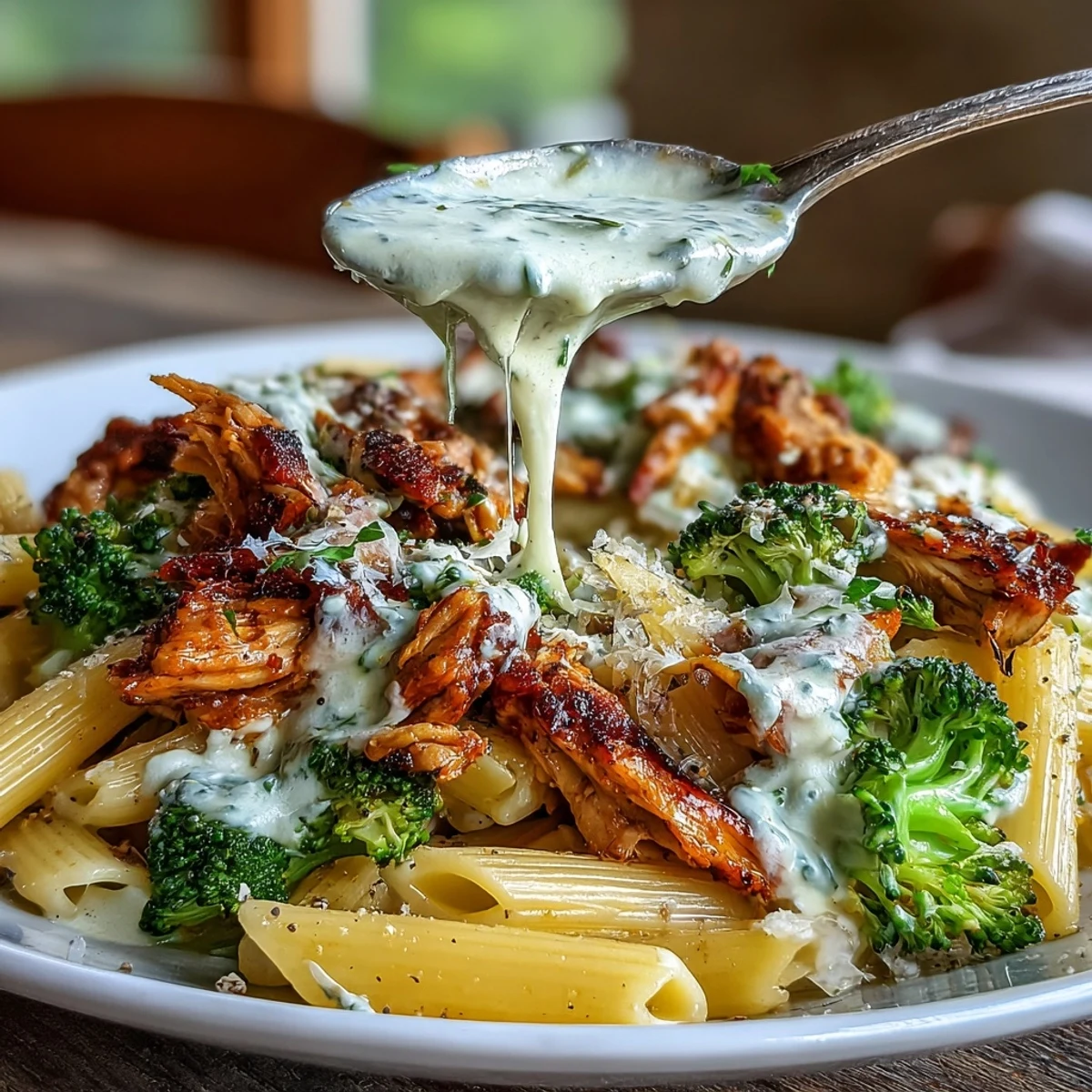 Steaming bowl of High Protein Rotisserie Chicken Broccoli Pasta garnished with fresh parsley, lemon zest, and extra Parmesan cheese.